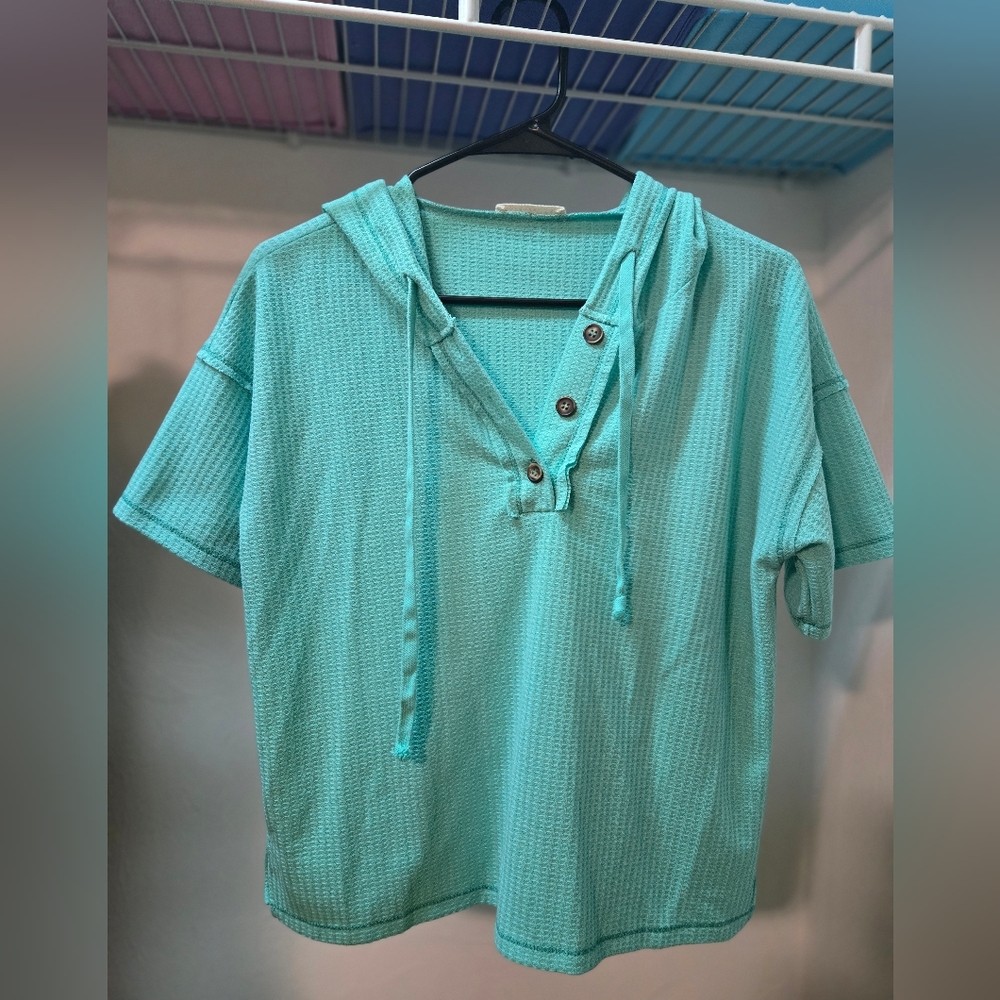 Blue Green Short Sleeve Boxy Hoodie
